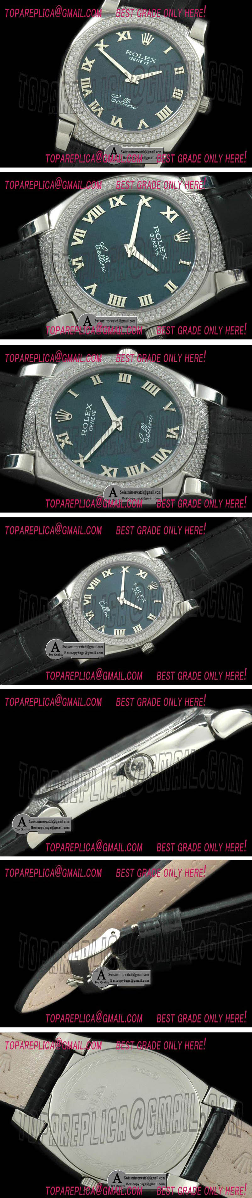Rolex Ladies Cellini SS/Leather/Diamond Blue Swiss Quartz Replica Watches