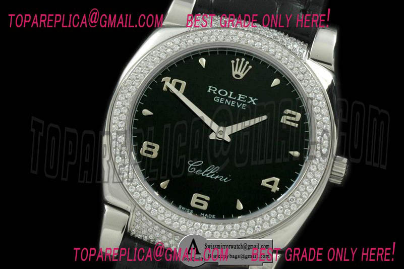 Rolex Ladies Cellini SS/Leather/Diamond Black Numeral Swiss Quartz Replica Watches