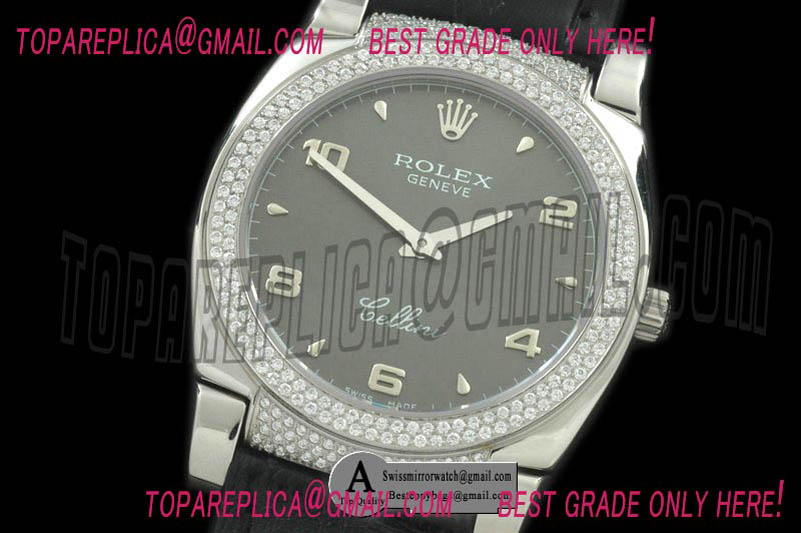 Rolex Ladies Cellini SS/Leather/Diamond Grey Numeral Swiss Quartz Replica Watches