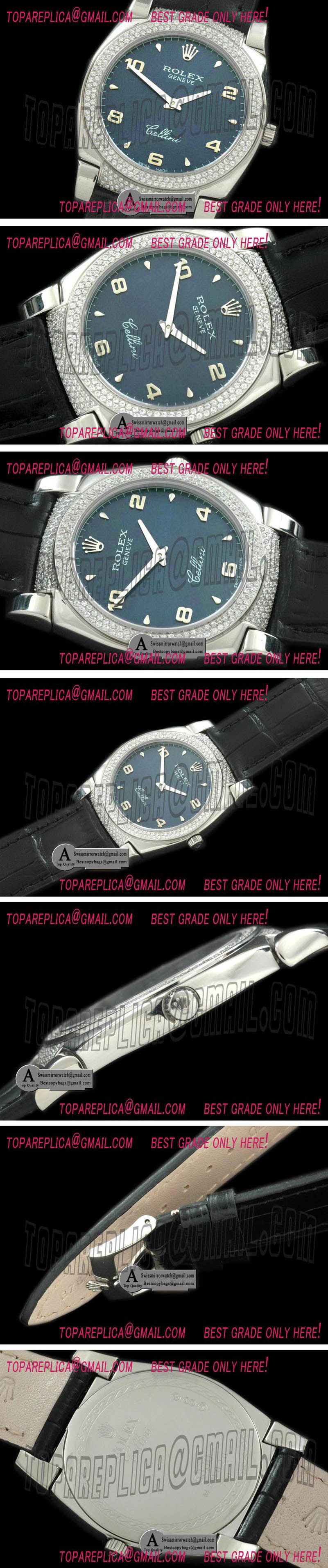Rolex Ladies Cellini SS/Leather/Diamond Blue Numeral Swiss Quartz Replica Watches