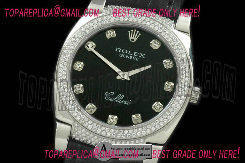 Rolex Ladies Cellini SS/Leather/Diamond Black Diamond Swiss Quartz Replica Watches
