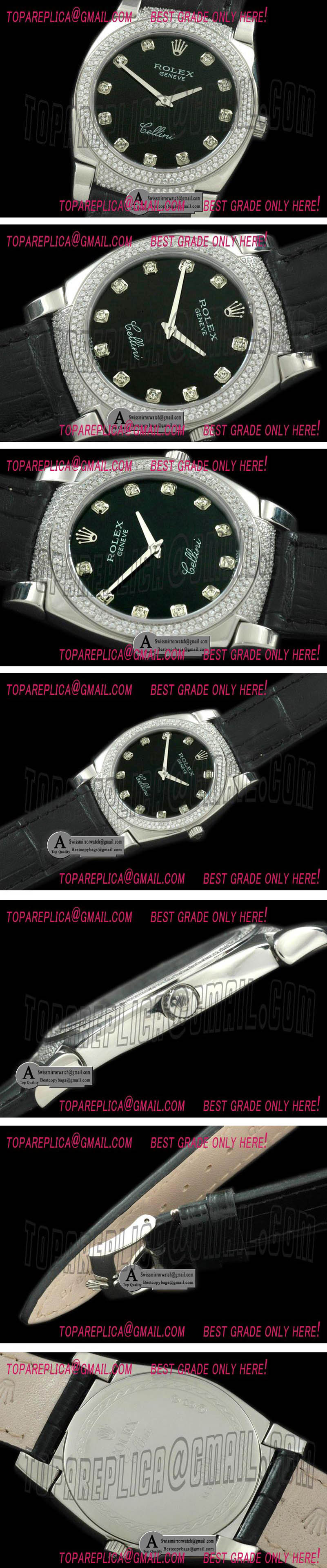 Rolex Ladies Cellini SS/Leather/Diamond Black Diamond Swiss Quartz Replica Watches