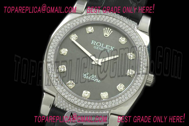 Rolex Ladies Cellini SS/Leather/Diamond Grey Diamond Swiss Quartz Replica Watches