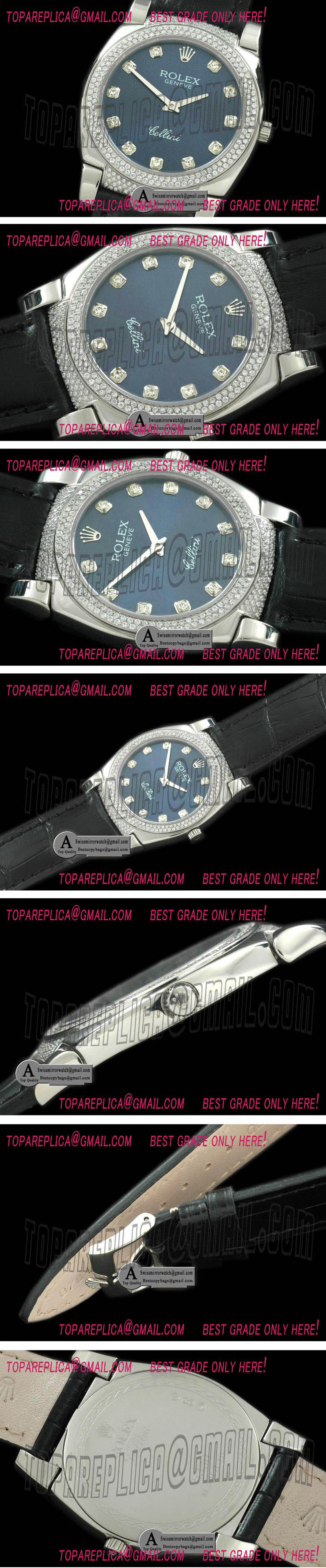 Rolex Ladies Cellini SS/Leather/Diamond Blue Diamond Swiss Quartz Replica Watches