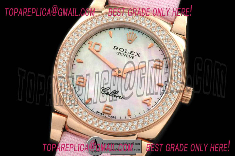 Rolex Ladies Cellini Rose Gold/Leather/Diamond MOP White Numeral Swiss Quartz Replica Watches