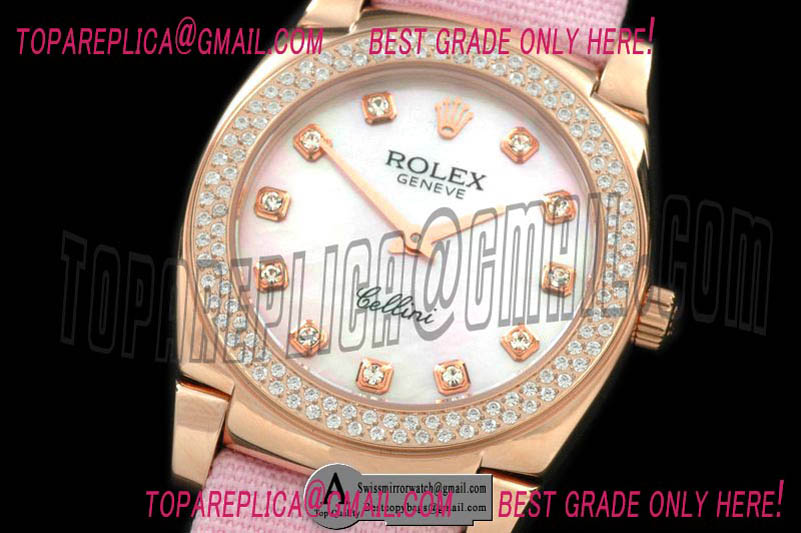 Rolex Ladies Cellini Rose Gold/Leather/Diamond MOP White Diamond Swiss Quartz Replica Watches