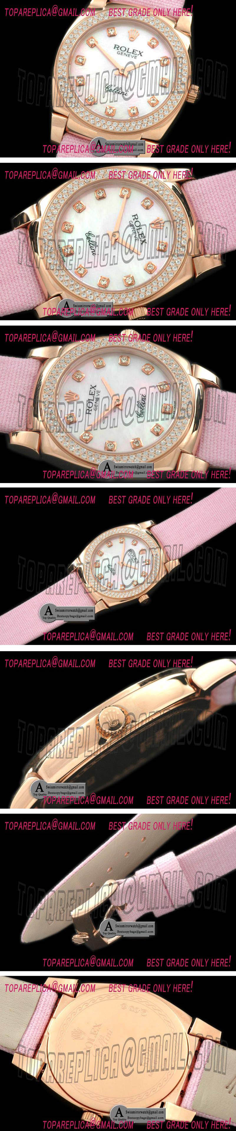 Rolex Ladies Cellini Rose Gold/Leather/Diamond MOP White Diamond Swiss Quartz Replica Watches