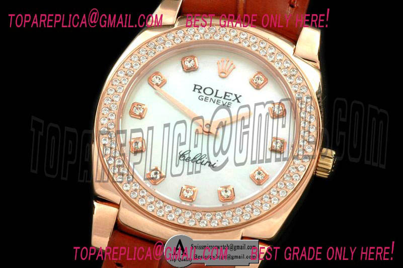 Rolex Ladies Cellini Rose Gold/Leather/Diamond White Diamond Swiss Quartz Replica Watches