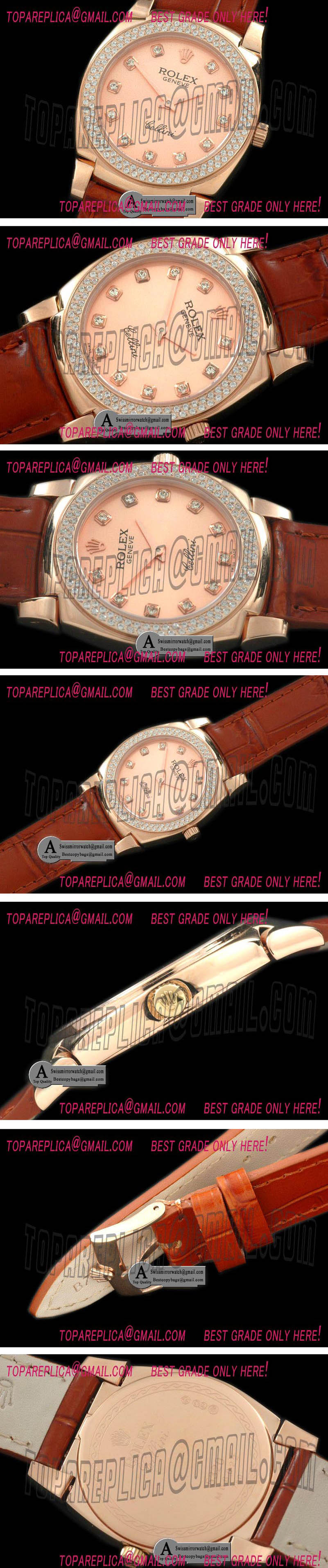 Rolex Ladies Cellini Rose Gold/Leather/Diamond Rose Gold Diamond Swiss Quartz Replica Watches