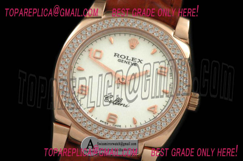 Rolex Ladies Cellini Rose Gold/Leather/Diamond White Numeral Swiss Quartz Replica Watches
