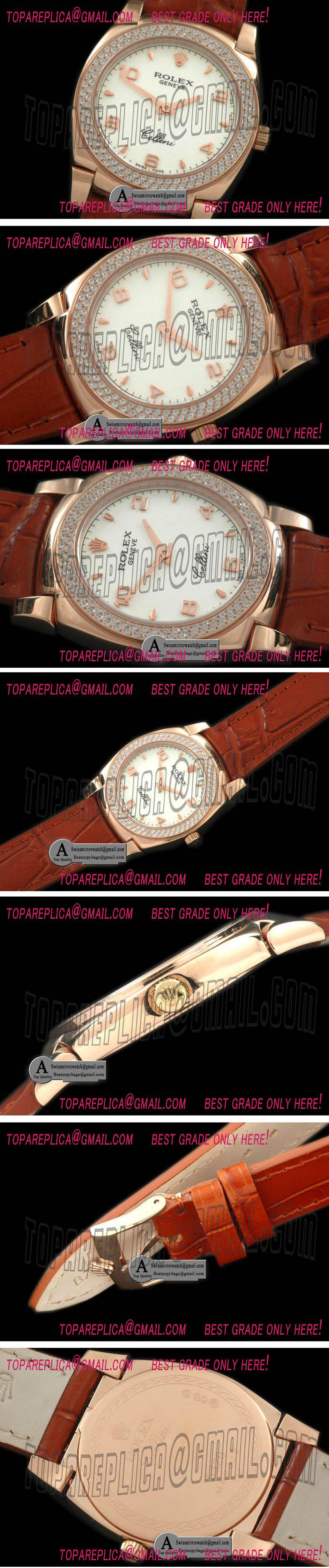 Rolex Ladies Cellini Rose Gold/Leather/Diamond White Numeral Swiss Quartz Replica Watches