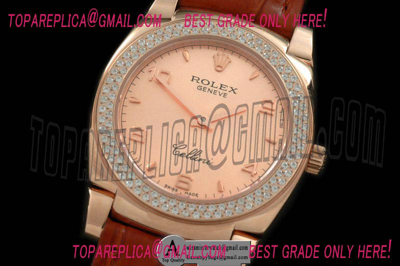 Rolex Ladies Cellini Rose Gold/Leather/Diamond Rose Gold Numeral Swiss Quartz Replica Watches