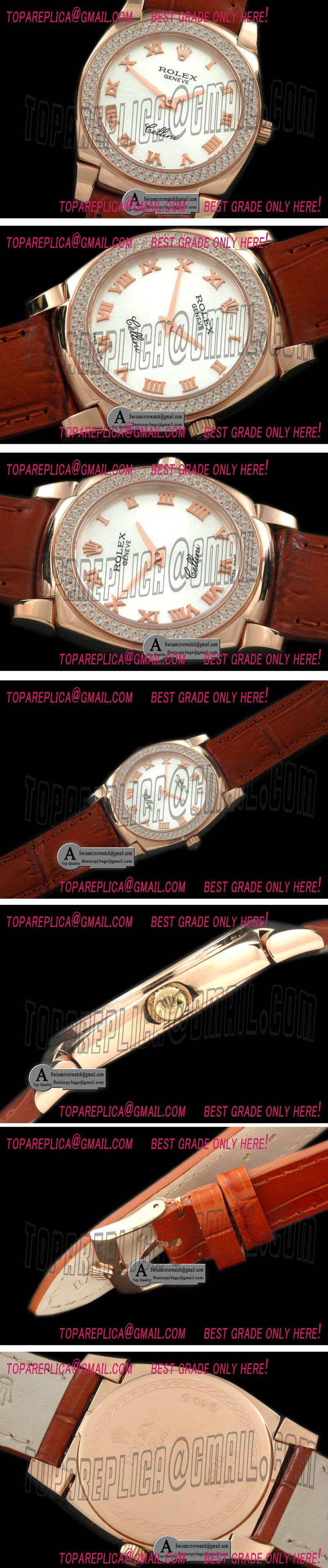 Rolex Ladies Cellini Rose Gold/Leather/Diamond MOP White Swiss Quartz Replica Watches