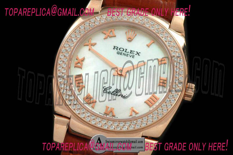 Rolex Ladies Cellini Rose Gold/Leather/Diamond Silver Swiss Quartz Replica Watches