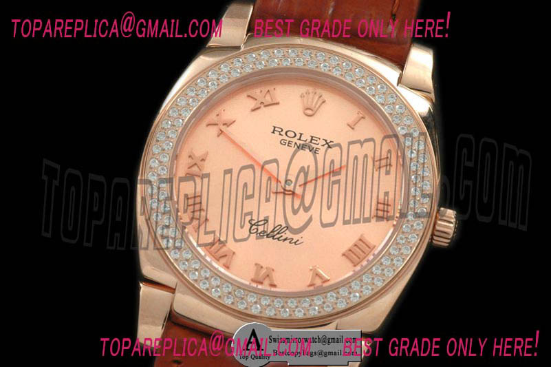 Rolex Ladies Cellini Rose Gold/Leather/Diamond Rose Gold Swiss Quartz Replica Watches
