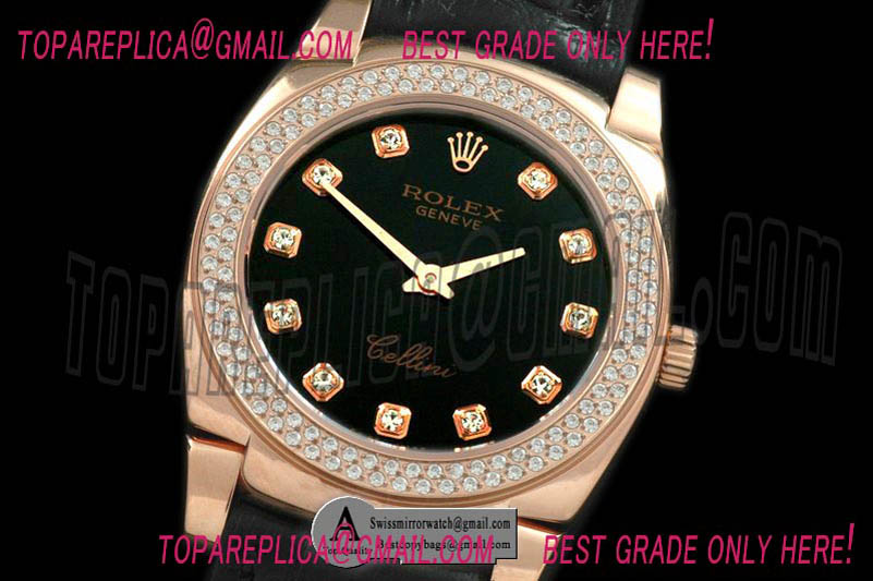 Rolex Ladies Cellini Rose Gold/Leather/Diamond Black Diamond Swiss Quartz Replica Watches