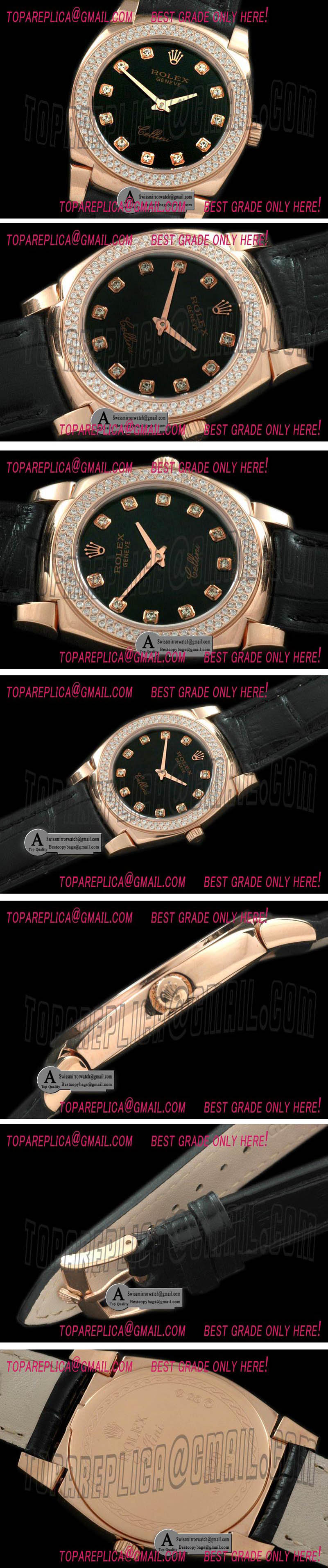 Rolex Ladies Cellini Rose Gold/Leather/Diamond Black Diamond Swiss Quartz Replica Watches