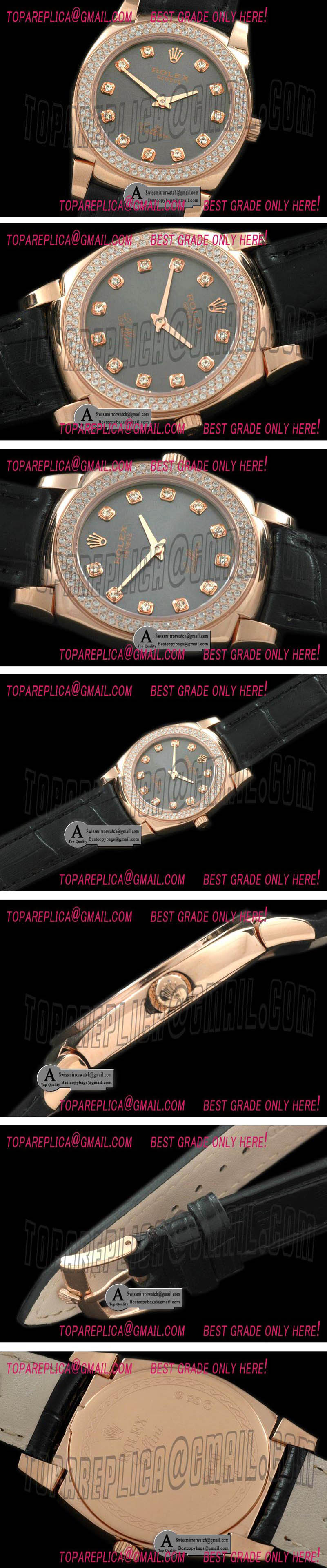 Rolex Ladies Cellini Rose Gold/Leather/Diamond Grey Diamond Swiss Quartz Replica Watches