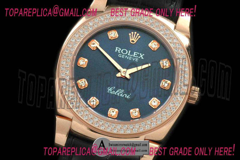 Rolex Ladies Cellini Rose Gold/Leather/Diamond Blue Diamond Swiss Quartz Replica Watches