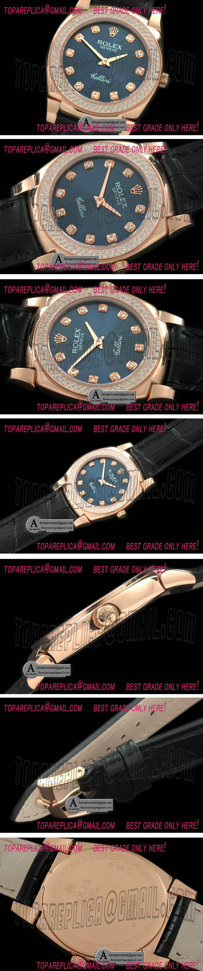 Rolex Ladies Cellini Rose Gold/Leather/Diamond Blue Diamond Swiss Quartz Replica Watches