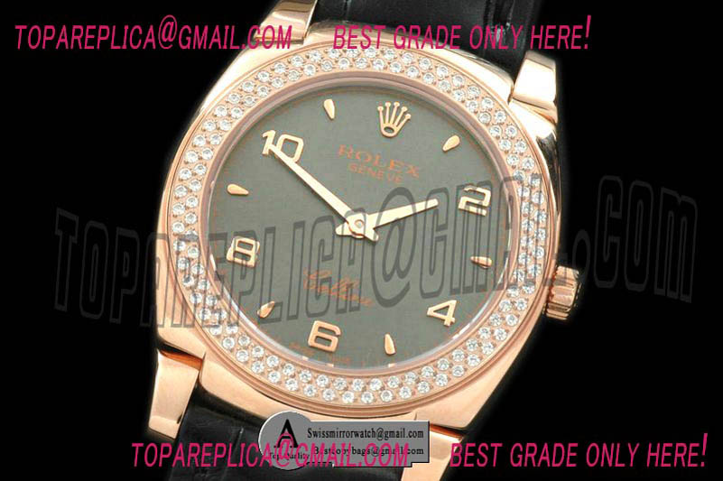 Rolex Ladies Cellini Rose Gold/Leather/Diamond Grey Numeral Swiss Quartz Replica Watches