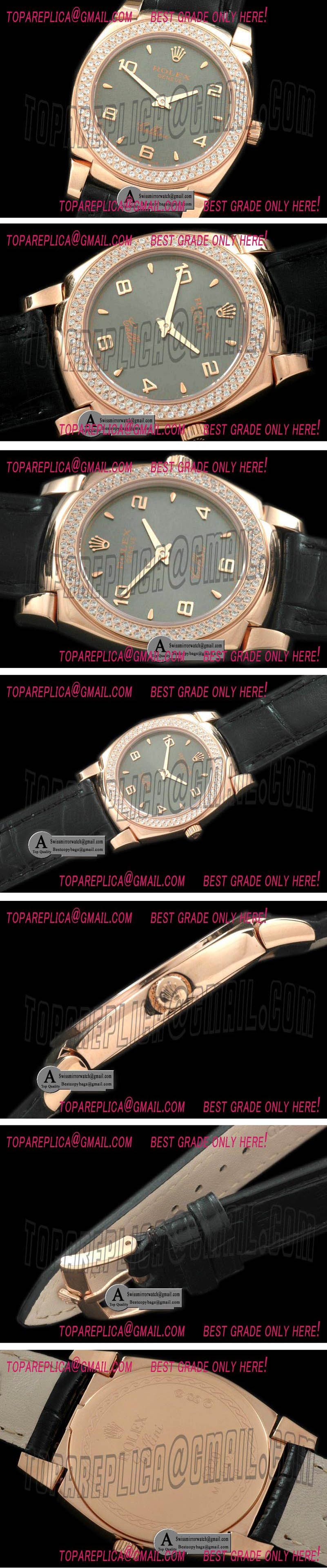 Rolex Ladies Cellini Rose Gold/Leather/Diamond Grey Numeral Swiss Quartz Replica Watches