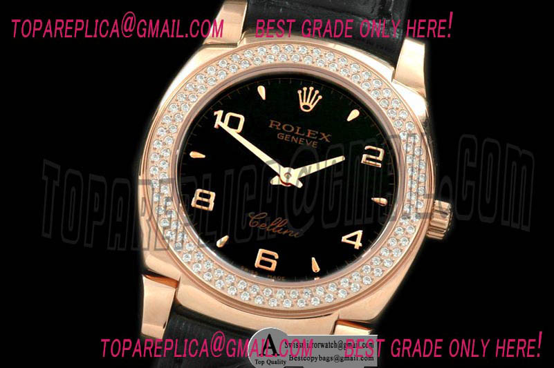 Rolex Ladies Cellini Rose Gold/Leather/Diamond Black Numeral Swiss Quartz Replica Watches