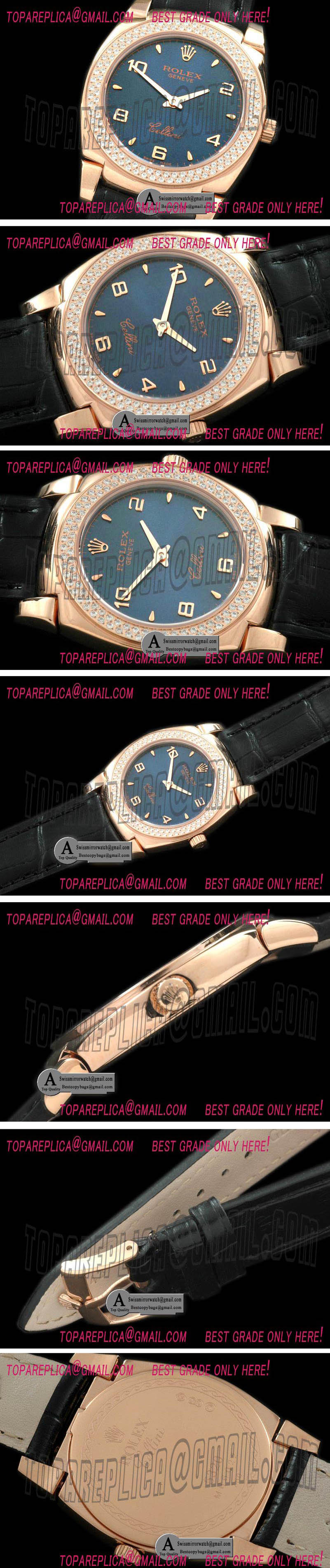 Rolex Ladies Cellini Rose Gold/Leather/Diamond Black Numeral Swiss Quartz Replica Watches