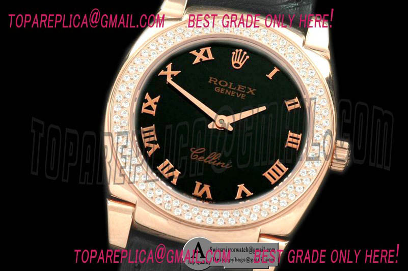 Rolex Ladies Cellini Rose Gold/Leather/Diamond Black Swiss Quartz Replica Watches