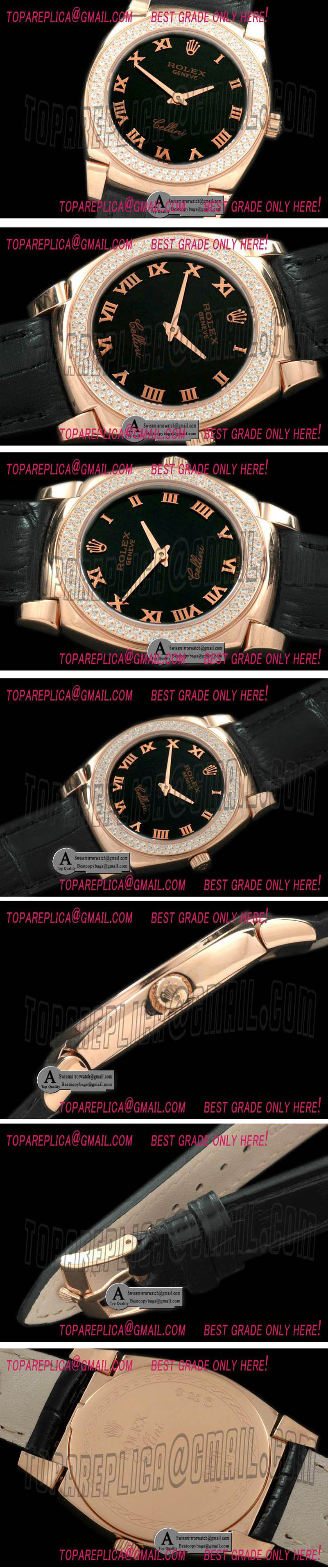 Rolex Ladies Cellini Rose Gold/Leather/Diamond Black Swiss Quartz Replica Watches