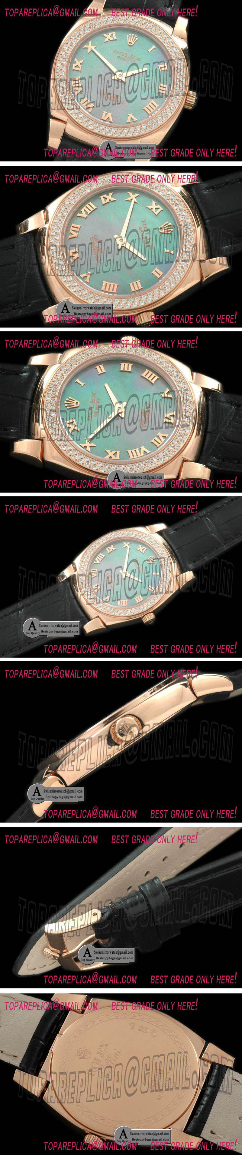 Rolex Ladies Cellini Rose Gold/Leather/Diamond MOP Green Swiss Quartz Replica Watches