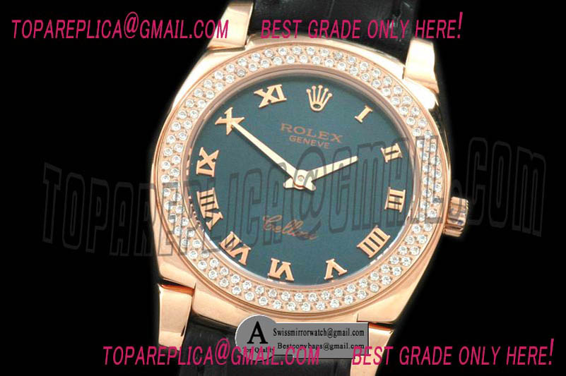 Rolex Ladies Cellini Rose Gold/Leather/Diamond Blue Swiss Quartz Replica Watches