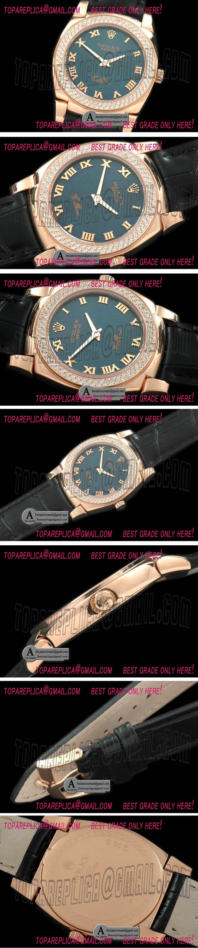 Rolex Ladies Cellini Rose Gold/Leather/Diamond Blue Swiss Quartz Replica Watches
