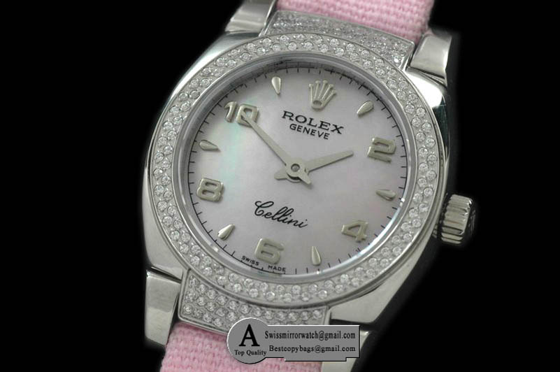 Rolex Ladies Mini Cellini SS/Leather MOP Pink Num Swiss Quartz Replica Watches