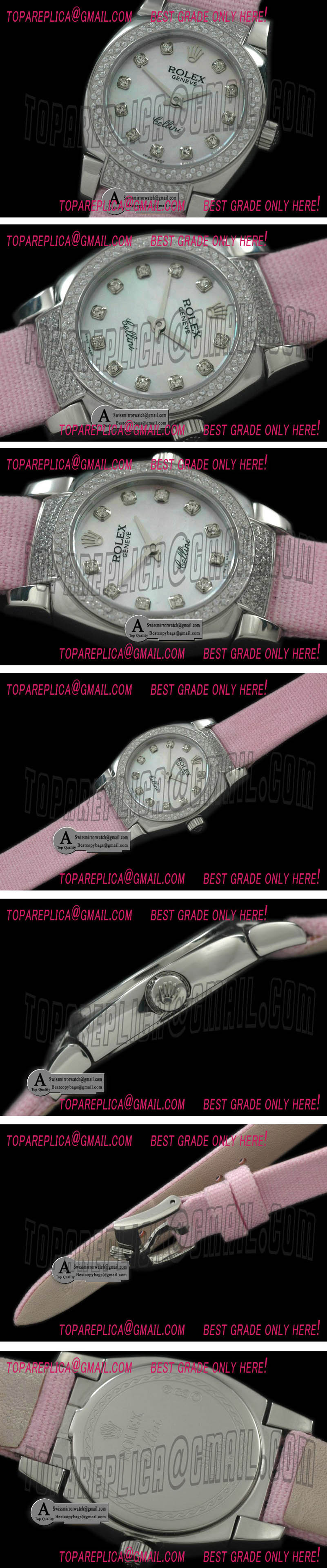 Rolex Ladies Mini Cellini SS/Leather MOP Pink Diamond Swiss Quartz Replica Watches