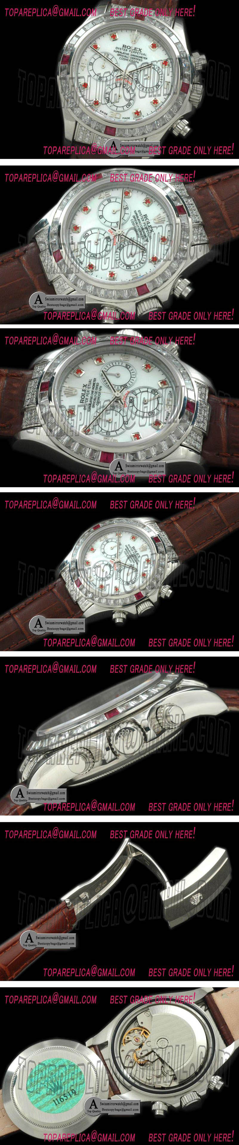 Rolex Daytona SS/Leather/Square Cut Bezel MOP White A-7750 Secs @ 6 Replica Watches