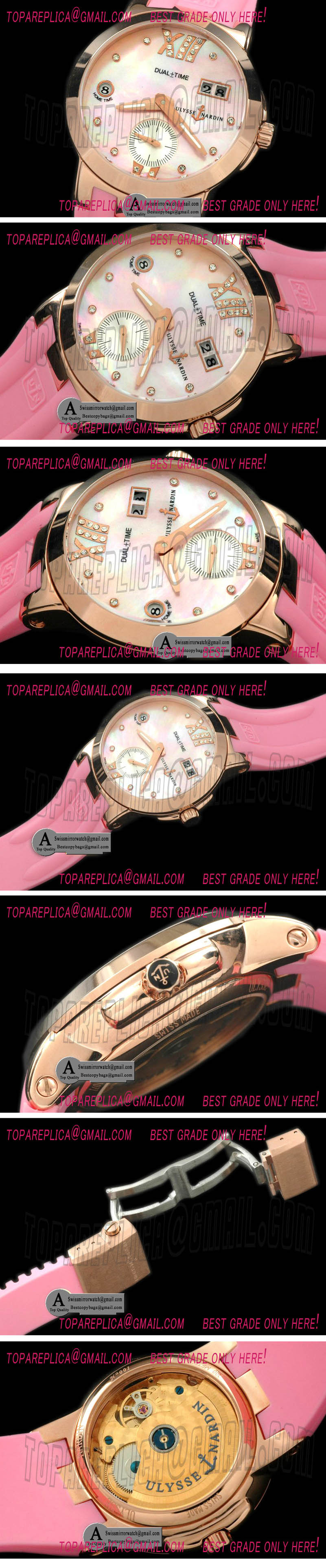 Dual Time Ladies Rose Gold/Rubber MOP Pink Asian 2813 23J
