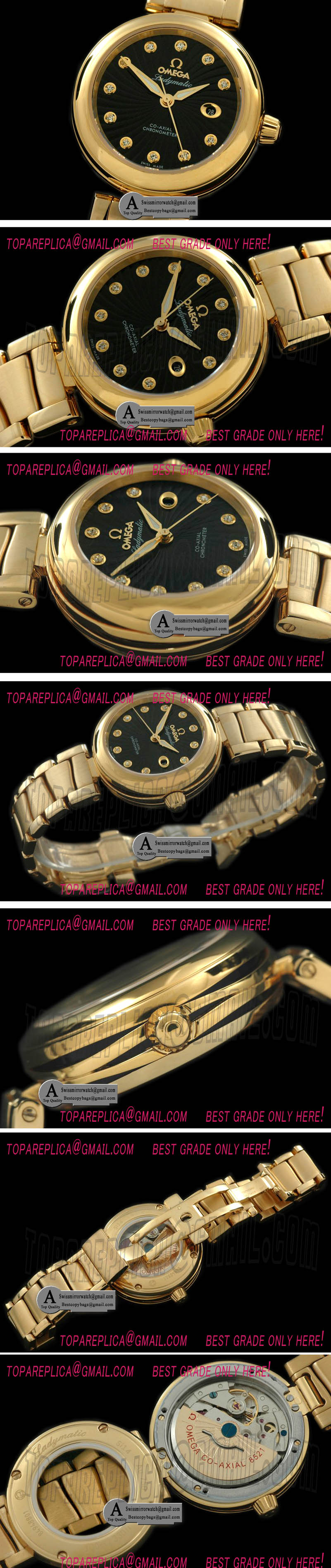 Omega Deville Ladymatic Mid Yellow Gold/Yellow Gold Black 2813 21J Replica Watches