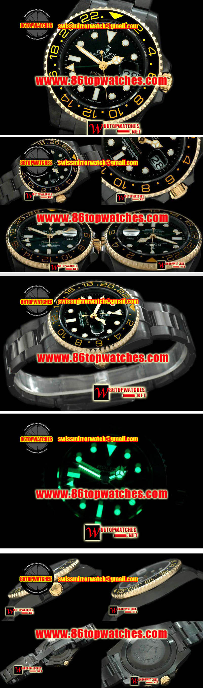 Rolex 116713 Pro Hunter GMT Master PVD/Yellow Gold Black Ceramic Bezel Asia 2836 Replica Watches