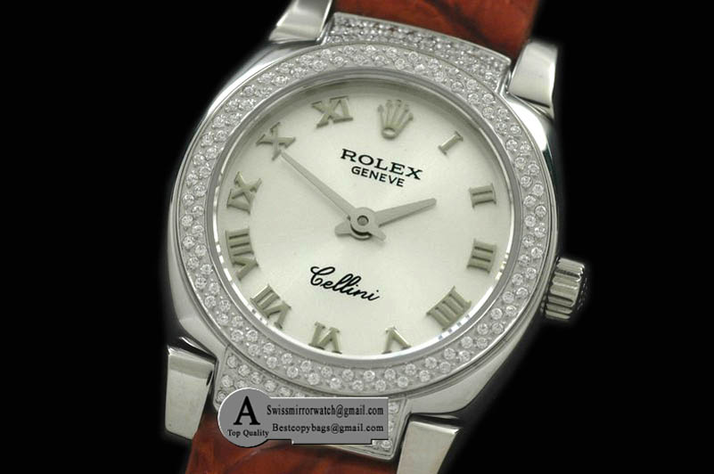 Rolex Ladies Mini Cellini SS/Leather Silver Roman Swiss Quartz Replica Watches