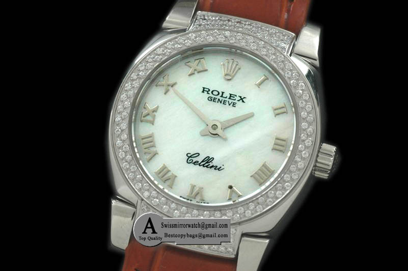 Rolex Ladies Mini Cellini SS/Leather MOP White Roman Swiss Quartz Replica Watches