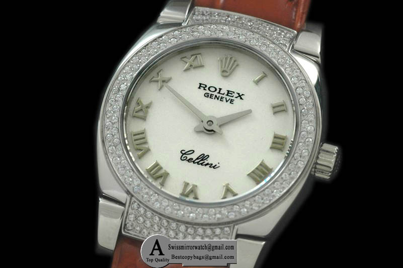 Rolex Ladies Mini Cellini SS/Leather White Roman Swiss Quartz Replica Watches