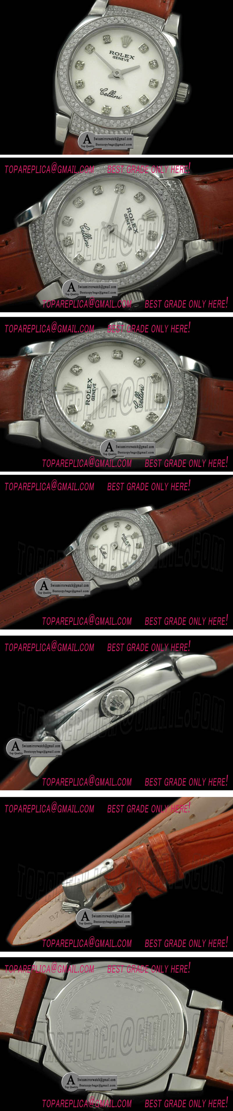 Rolex Ladies Mini Cellini SS/Leather White Diamond Swiss Quartz Replica Watches