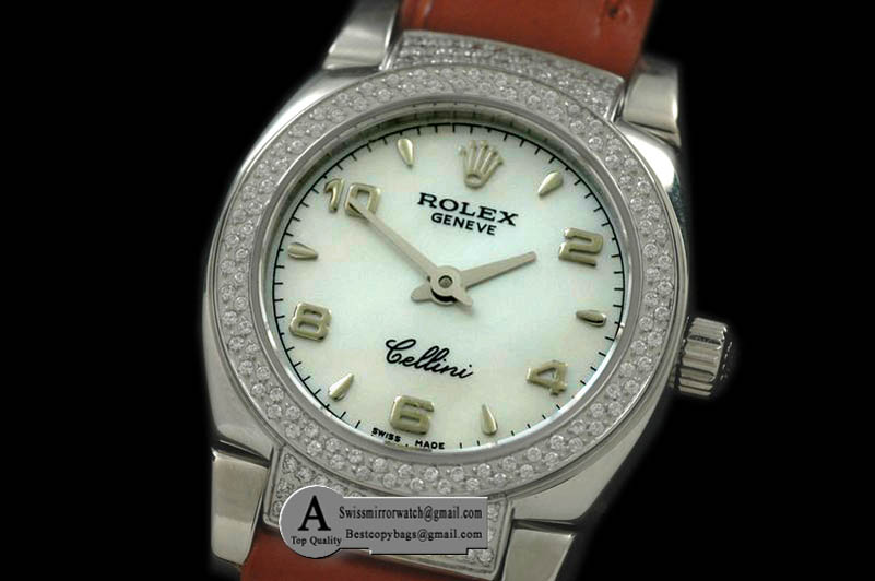 Rolex Ladies Mini Cellini SS/Leather MOP White Numeral Swiss Quartz Replica Watches