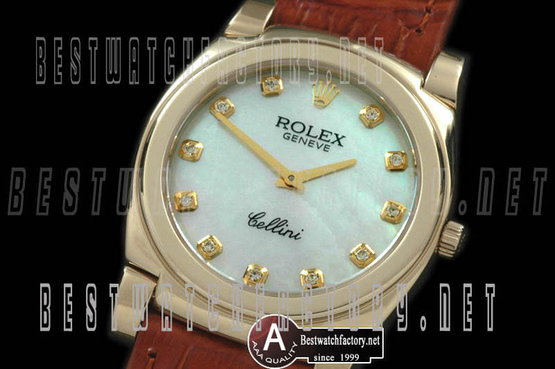 Rolex Cellini Mid Size Yellow Gold/Leather MOP White Diam Swiss Quartz