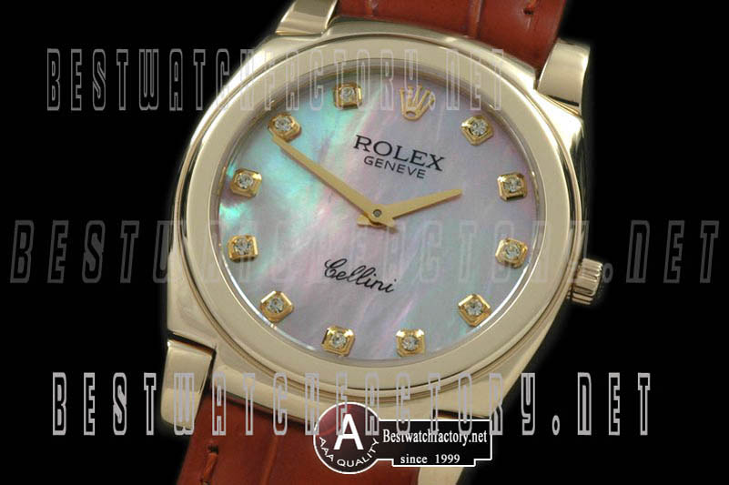 Rolex Cellini Mid Size Yellow Gold/Leather MOP Pink Diamond Swiss Quartz