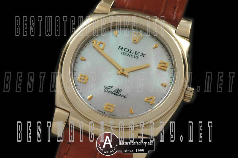 Rolex Cellini Mid Size Yellow Gold/Leather MOP Pink Numeral Swiss Quartz