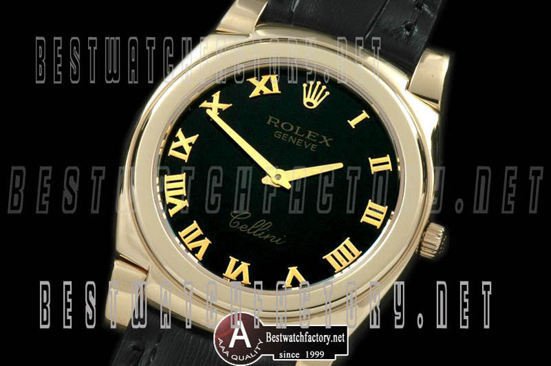 Rolex Cellini Mid Size Yellow Gold/Leather Black Roman Swiss Quartz