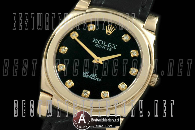 Rolex Cellini Mid Size Yellow Gold/Leather Black Diamond Swiss Quartz