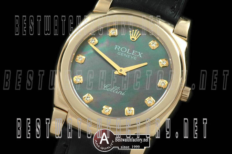 Rolex Cellini Mid Size Yellow Gold/Leather MOP Green Diamond Swiss Quartz